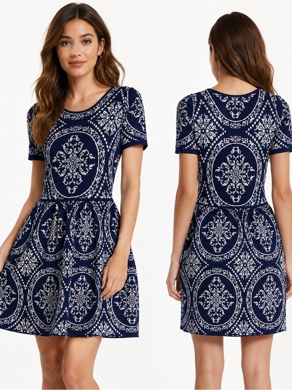 Romeo & Juliet Couture Damask Knit‎ Skater Sweater Dress Navy Blue White XS